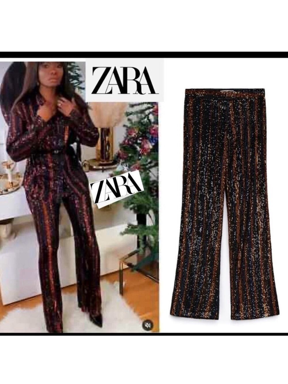 ZARA Abbey Flared Black and burnt orange pinstripe sequins flared trouser pants